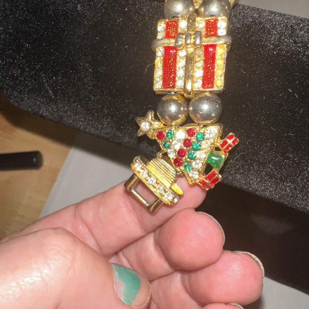 Christmas Slide Charm Bracelet Gold Tone Santa Tree Wreath